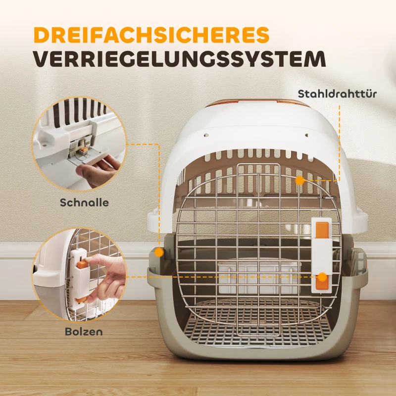 PawHut Transportbox voor kat en miniatuurhonden tot 4 kg, hondenbox met dakopening en voerbak, 49x32x31 cm, lichtgrijs