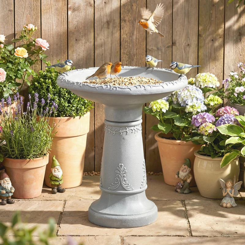 Outsunny Vogelbad van hars voor buiten, rond vogelbad 51 cm met steenlook, vrijstaand voeder- en drinkstation voor vogels, Grijs