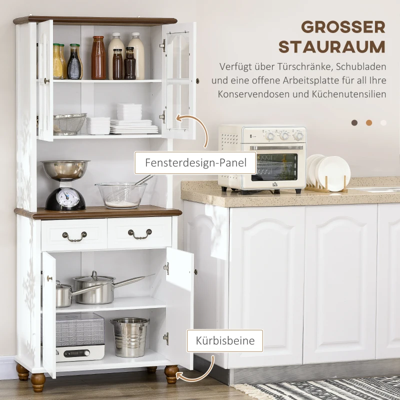 HOMCOM Kast voor in de keuken, buffet, 2 laden, 2 kastvakken, klassiek ontwerp, wit + donkerbruin, 76 x 38 x 182 cm