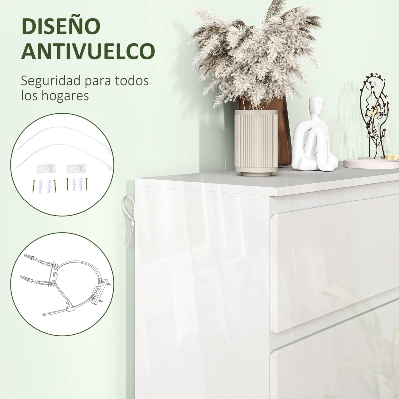 HOMCOM Cómoda Dormitorio con 6 Cajones Cajonera para Salón Oficina Estilo Moderno 112x34x75 cm Blanco Brillo