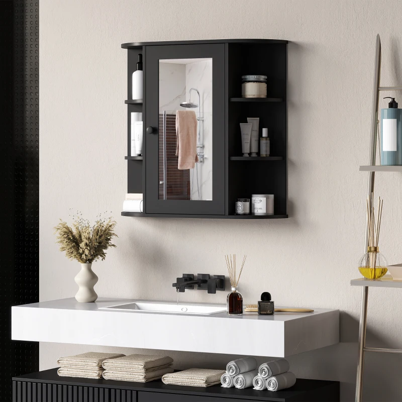HOMCOM Specchiera Bagno con 6 Ripiani Aperti e 2 Chiusi, in Legno e Vetro, 66x17x63 cm, Nero
