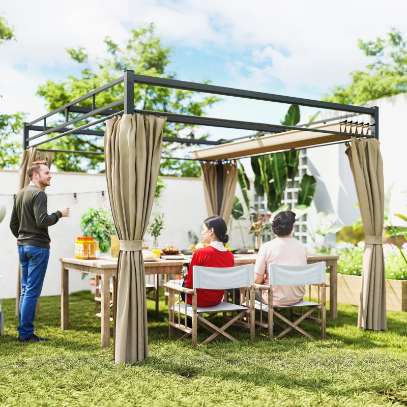 Outsunny 3 x 3 m Pergola with Retractable Roof Canopy and Curtains, UPF30+ Metal Frame Garden Pergola Gazebo Sun Shade, Khaki