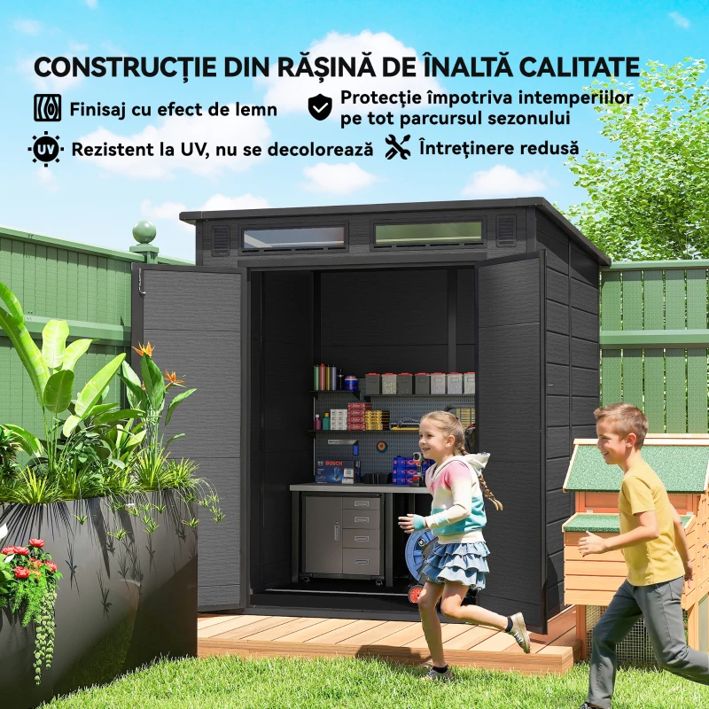 Outsunny Magazie de Grădină 2.89m² din PP și Aluminiu cu Podea, Depozit Grădină cu Uși Duble cu Încuietoare, Aerisiri, 3 Ferestre, Acoperiș Înclinat, Mănuși, Gri Închis