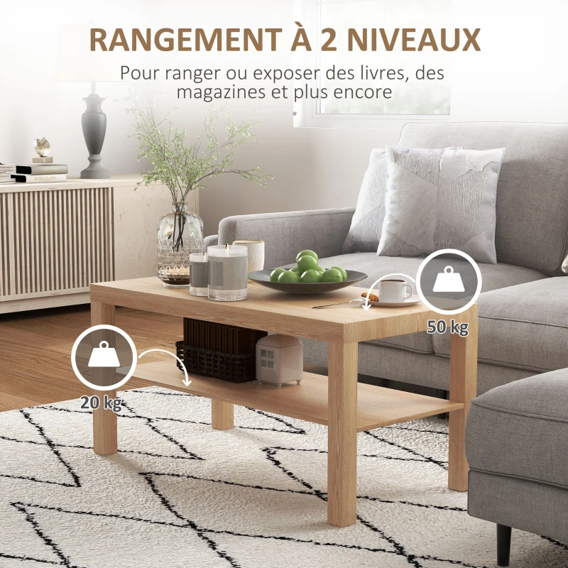 HOMCOM Table basse de salon, table d'appoint rectangulaire à 2 niveaux avec étagère de rangement, 90x45x44,5cm, bois naturel
