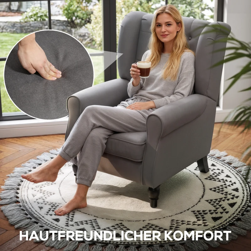 HOMCOM Elegante Oorfauteuil, Dik Gepolsterd, Afneembare Hoes, 74 x 86 x 102 cm, grijs+zwart(m-6)