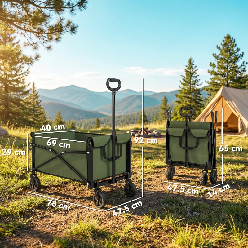 Outsunny 81L Festival Trolley on Wheels, Compact Garden Folding Trolley Cart with Adjustable Handle 80L Green