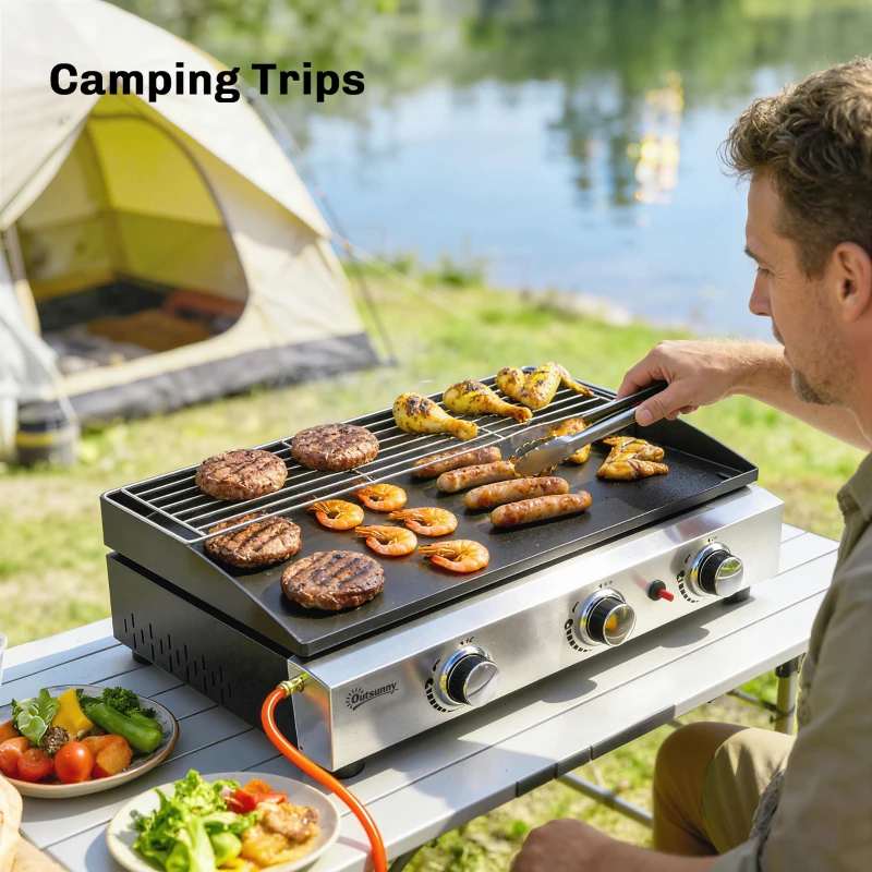Outsunny Gas Grill 7.5 kW Portable Table Grill with 3 Burners Ceramic Coating Grill Plate Warming Rack
