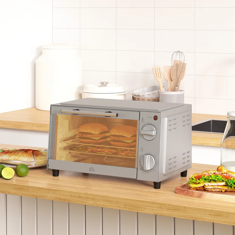 HOMCOM Mini-oven, 9 L met Bakplaat, Grillrooster, Instelbare Temperatuur en Kooktijd, Roestvrij Staal, Zilver(m-8)