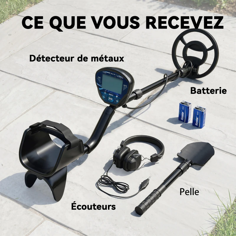 Outsunny Détecteur de métaux pour adultes, bobine de recherche étanche IP68 avec écran LCD, détecteur d'or à 3 modes avec pelle