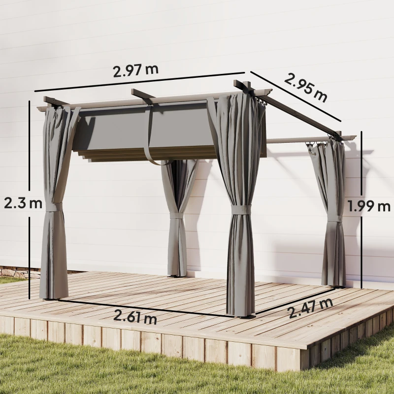 Outsunny 3 x 3 m Retractable Roof Pergola, with Curtains - Light Grey