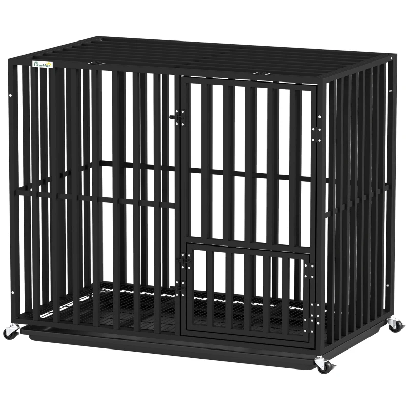 PawHut Heavy Duty Dog Crate, Dog Cage with Wheels for Medium Large Breeds, Metal Pet Kennel with Removable Tray