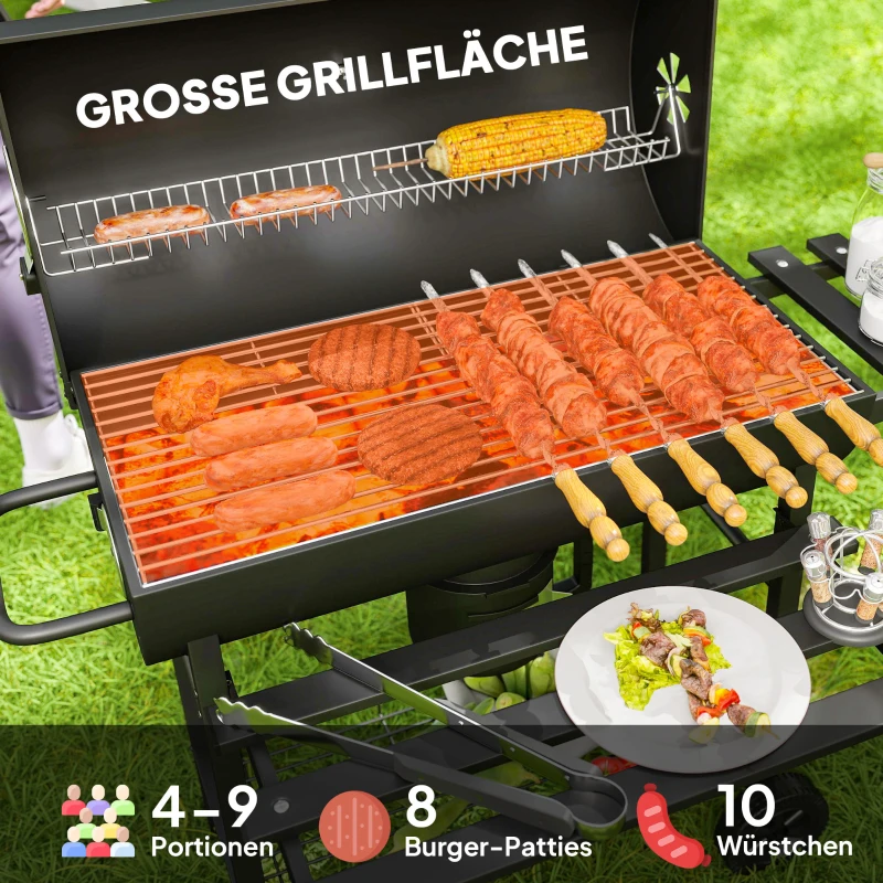 Outsunny Houtskoolgrill van Staal BBQ Smoker met Deksel Handgrepen Thermometer Wielen Verplaatsbaar 114 x 65 x 95 cm
