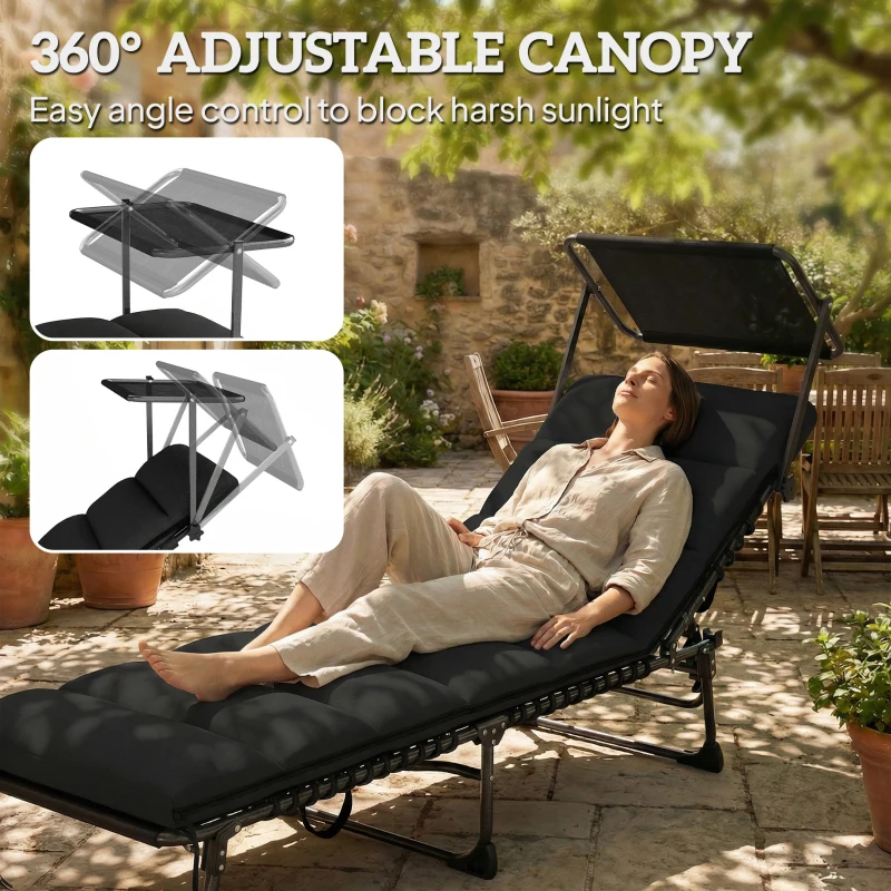 Outsunny Folding Sun Lounger with Canopy, Reclining Sunbed with Cushion, Side Pocket, Carrying Handle, Black