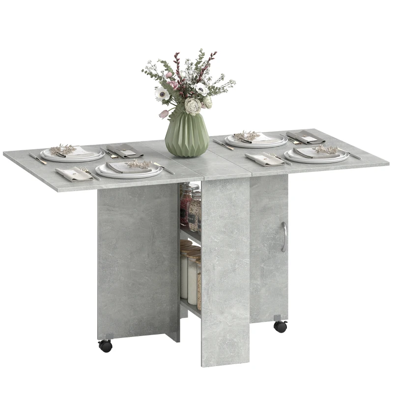 HOMCOM Mesa de Cocina Plegable con Ruedas 2 Estantes de Almacenaje y 2 Alas Abatibles Estilo Moderno 75x140x74 cm Gris Cemento