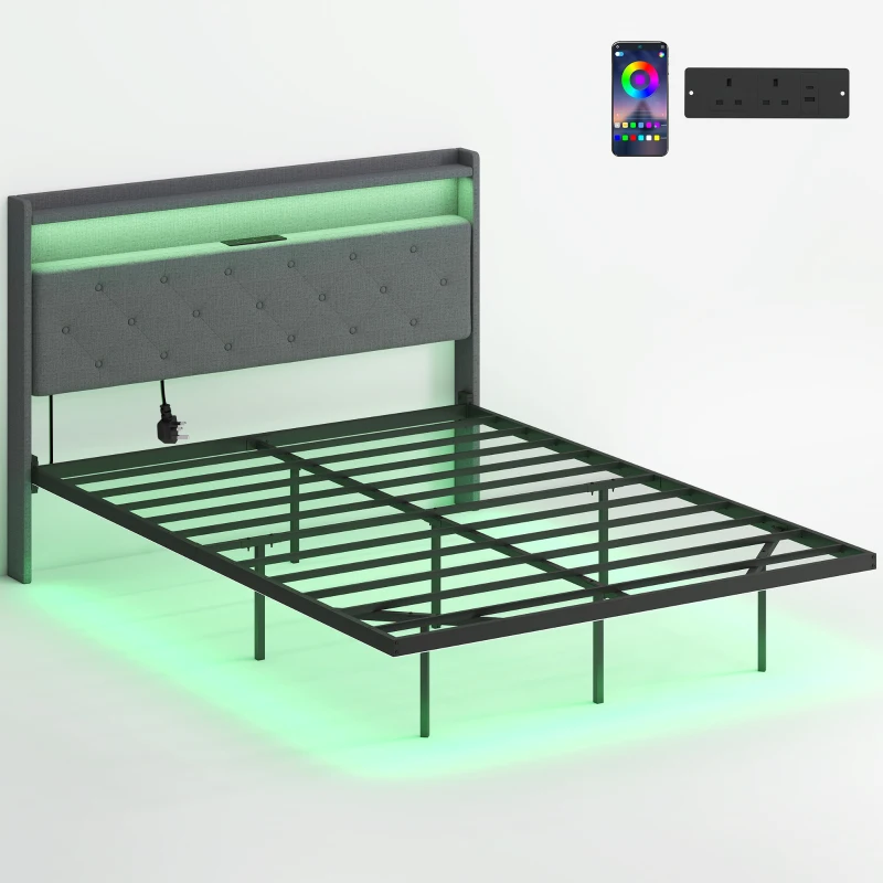 HOMCOM Floating Bed Frame, Upholstered 4ft6 Double Size Bed, Platform Bed with RGB LED Lights and Charging Station, Grey