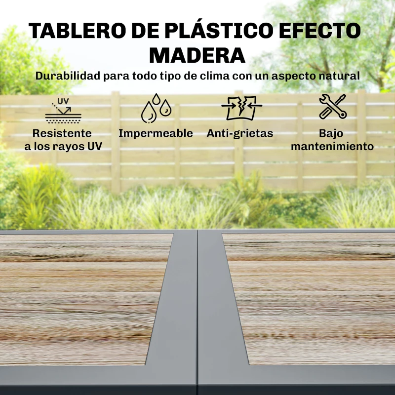 Outsunny Conjunto de Mesa y Sillas Jardín con Mesa de Plástico PSPC y 6 Sillas Apilables Transpirables para Terraza Patio Gris