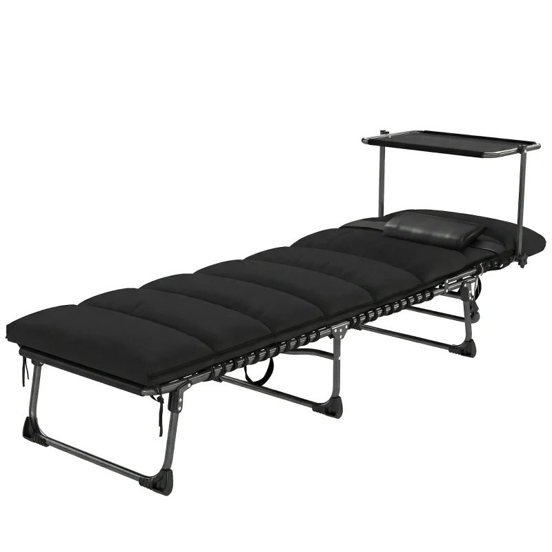 Outsunny Folding Sun Lounger with Canopy, Reclining Sunbed with Cushion, Side Pocket, Carrying Handle, Black