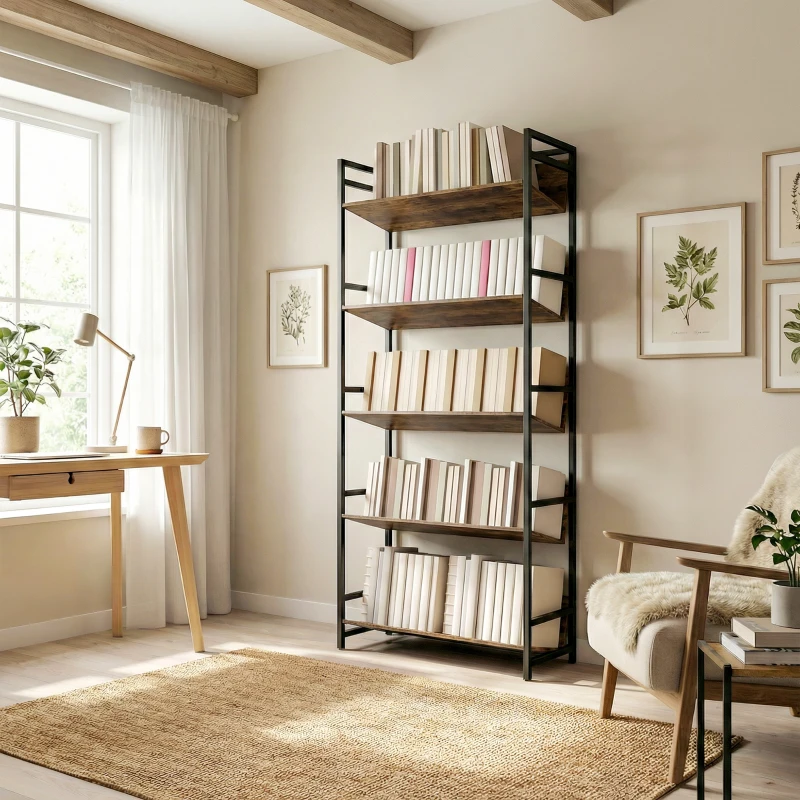 HOMCOM Bookshelf 5-Tier Metal Frame Room Divider Bookcase Storage Shelves for Living Room Rustic Brown