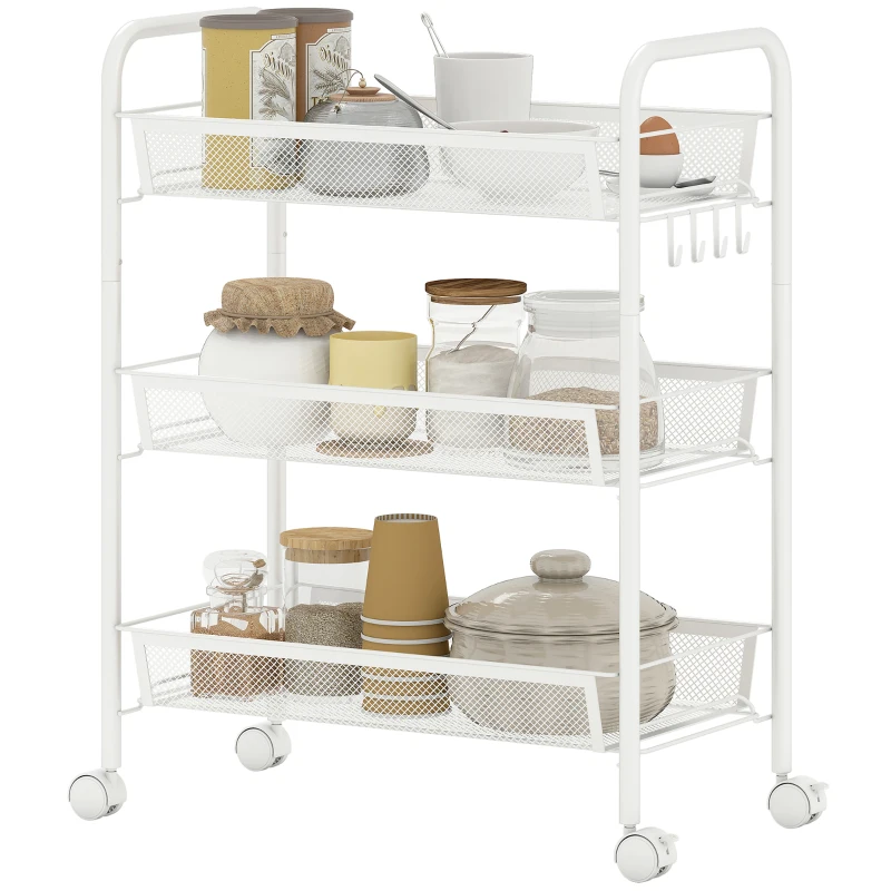HOMCOM Carrito de 3 niveles con cestas, carrito con ruedas, carro de almacenamiento rodante 45 x 26,5 x 63 cm blanco