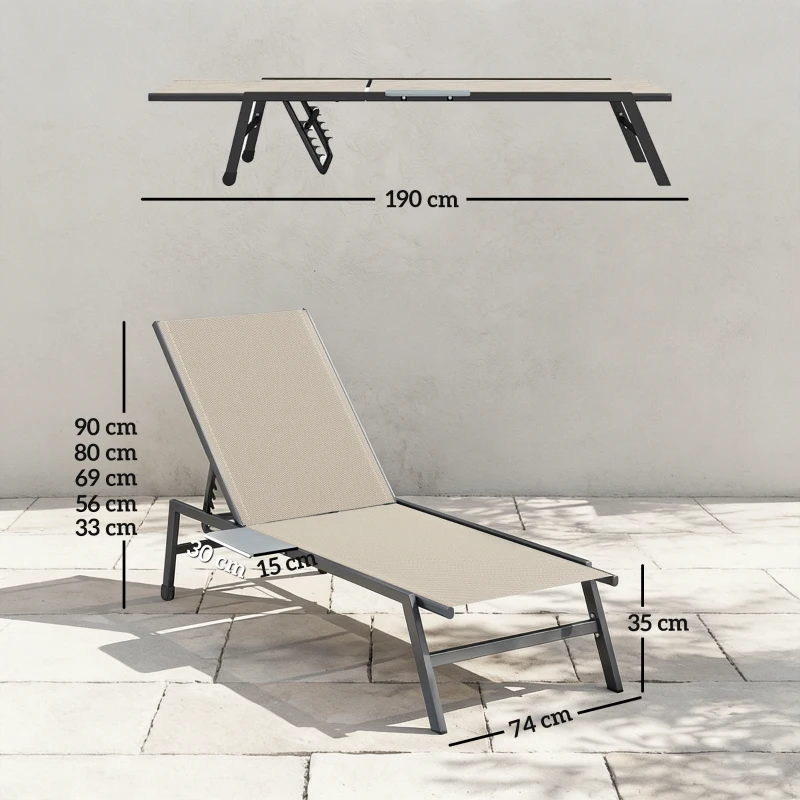 Outsunny Sun Loungers Set of 2 with Side Tray Table, Garden Recliners with 5-Position Adjustable Backrest, 2 Wheels, Khaki