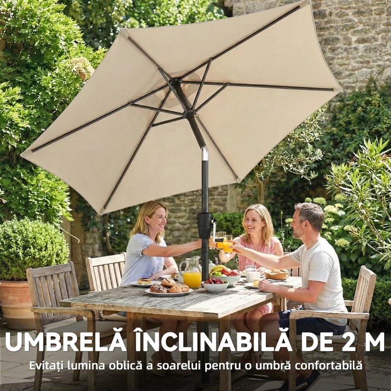 Outsunny Umbrelă de Grădină Inclinabilă 2x2 m cu 6 Spițe și Manivelă, din Metal și Poliester Gri Deschis