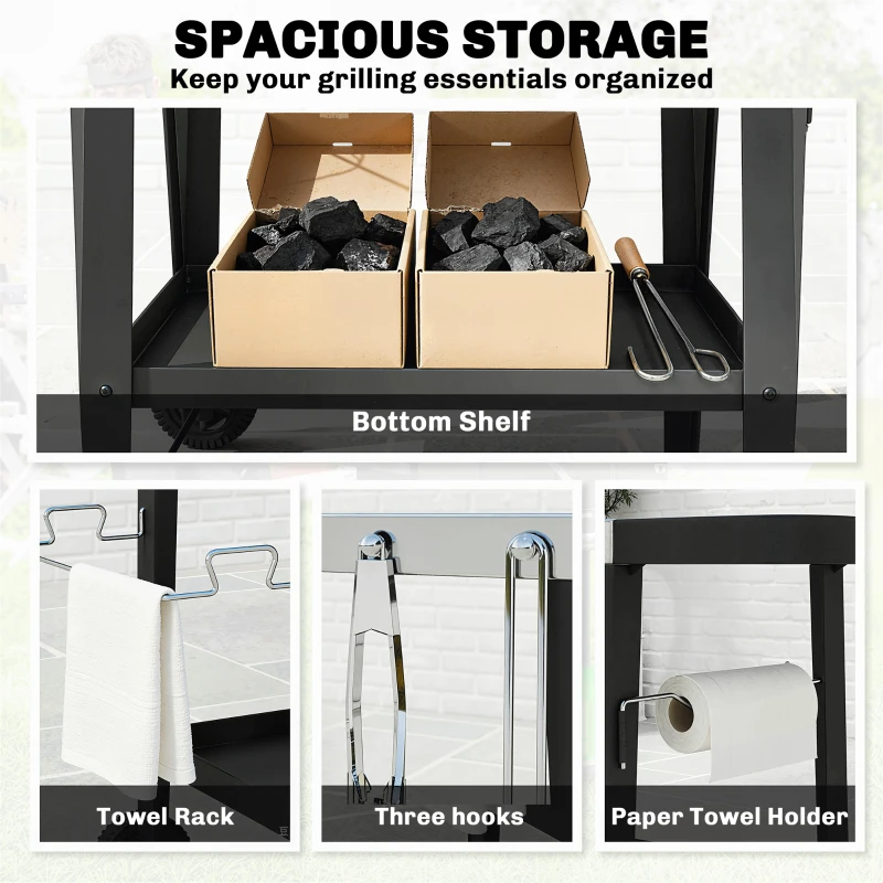 Outsunny Keukenwagen met Wielen Serveerwagen met Haken, Keukenrol- & Handdoekhouder, Roestvrij Staal, 115 x 67,5 x 80,5 cm Zwart