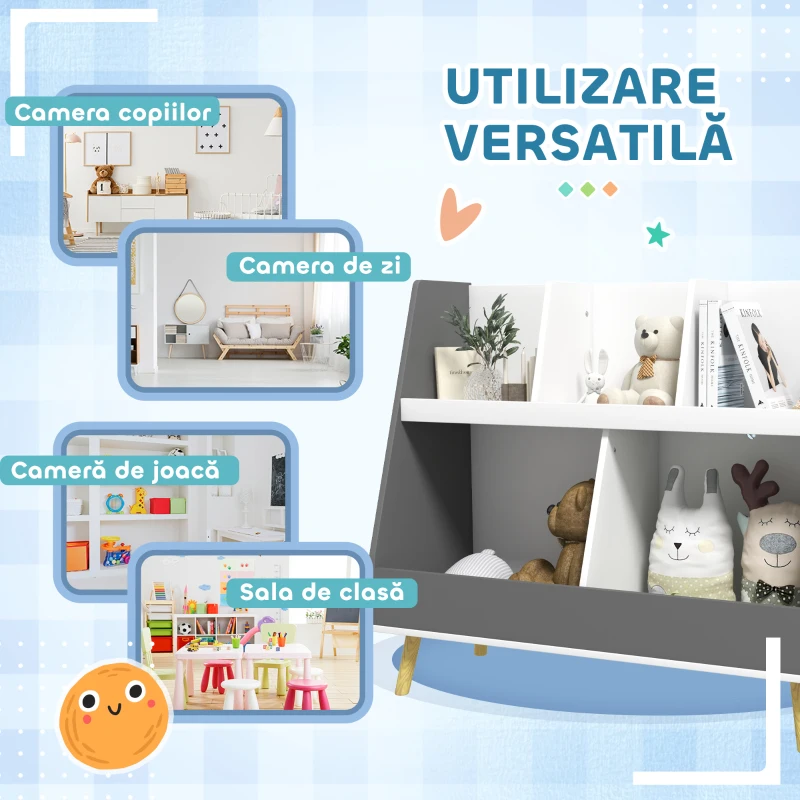 HOMCOM Comodă pentru depozitarea jucăriilor pentru copii cu 2 niveluri și 5 compartimente din lemn, 80x34x79cm, gri