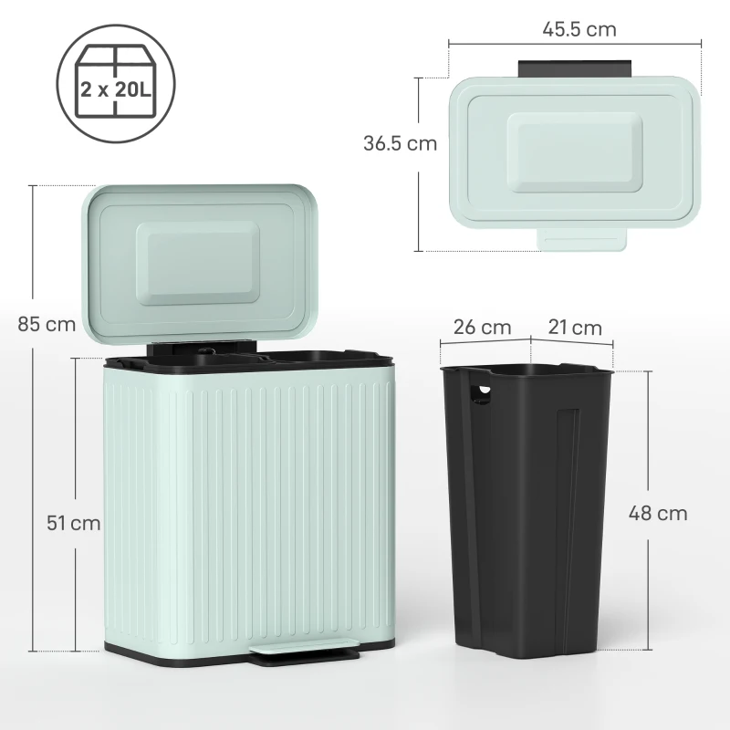 HOMCOM Coș de gunoi pentru bucătărie, 2 x 20 L compartimente, separare eficientă a deșeurilor, pedală, Plastic, Metal, Verde