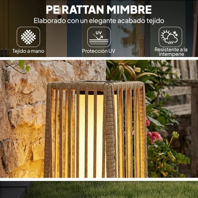 Outsunny Linterna de Jardín de Ratán Farola Solar Exterior con Luces LED Encendido y Apagado Automático Impermeable IP44 Arena