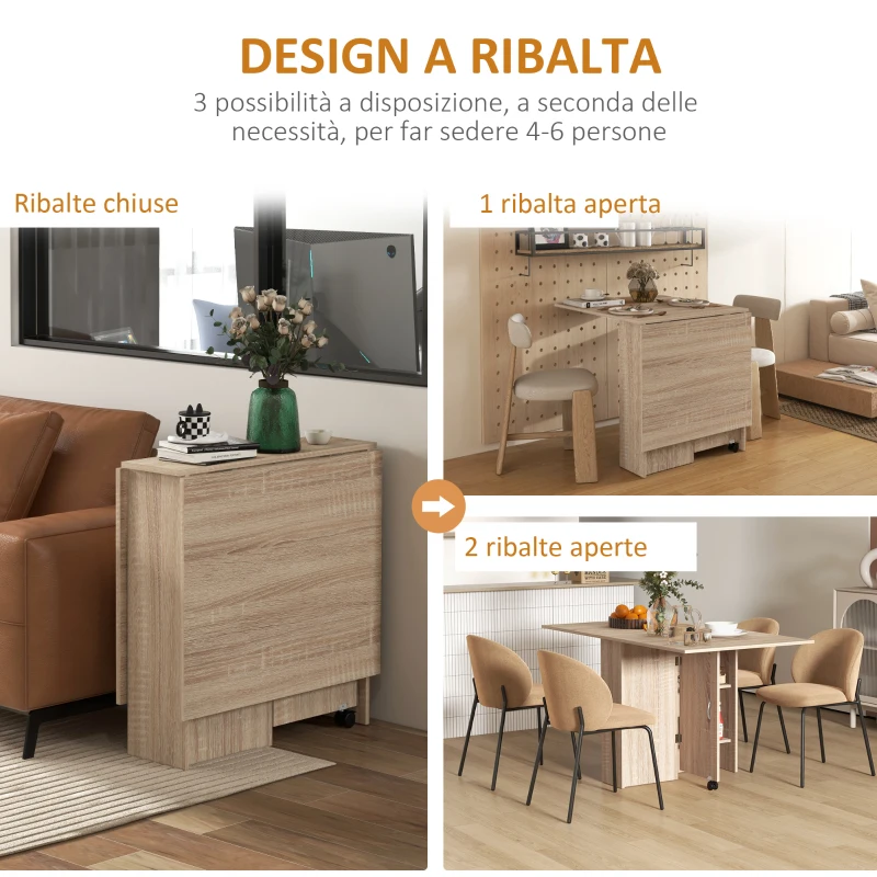 HOMCOM Tavolo Pieghevole con 2 Ribalte per 6 Persone con Ripiani e Rotelle Integrate, Legno Naturale