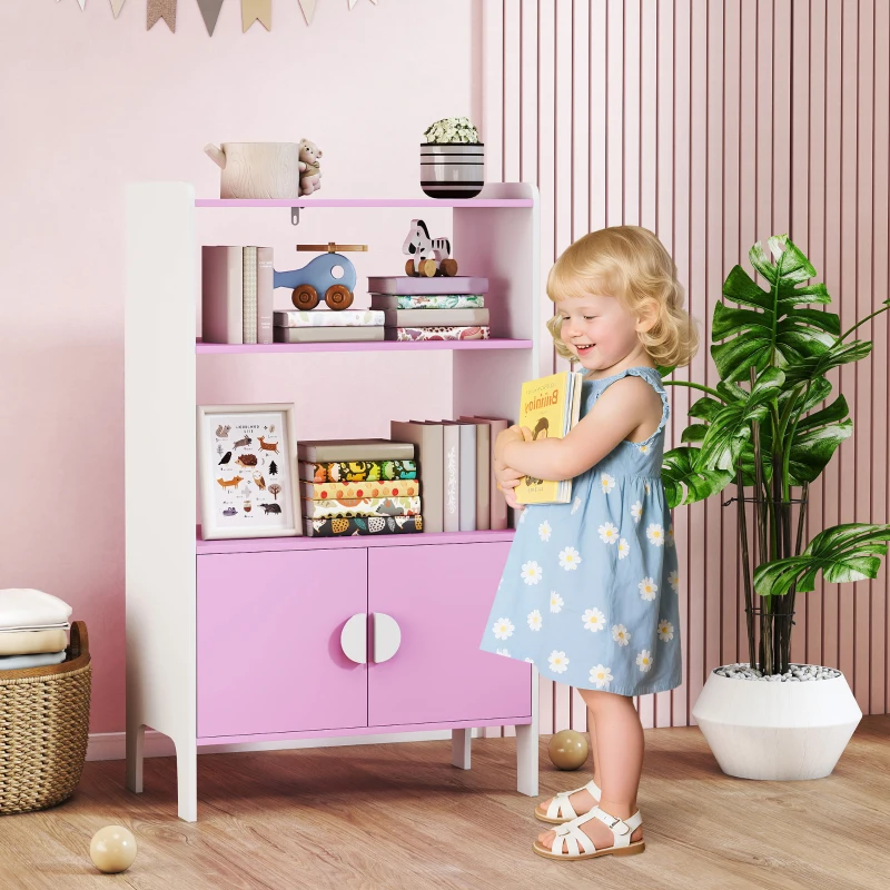 AIYAPLAY Libreria per bambini, 2 Ripiani, 2 Armadietti, autoportante, Design anti-ribaltamento, Piedini antiscivolo, MDF, Rosa+bianco