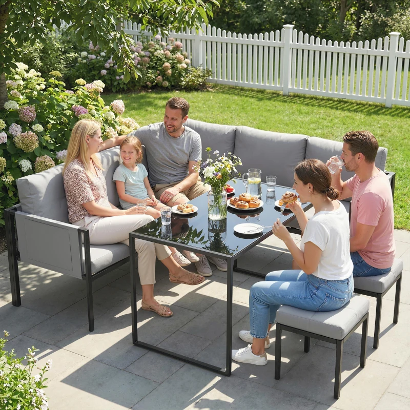 Outsunny Salón de jardín Sofá esquinero exterior 6 piezas Cojines 10cm Mesa alta y 2 reposapiés Gris