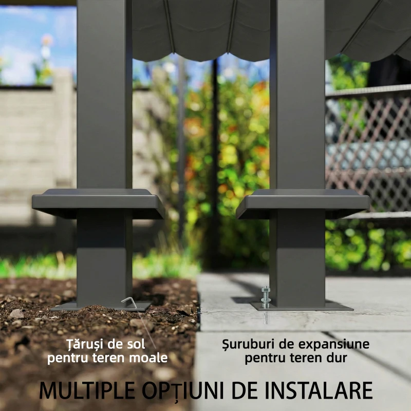 Outsunny Pergolă montată 3x3 m cu acoperiș retractabil glisant, guri de drenaj, pergolă de grădină din poliester și oțel, pentru terasă, curte, exterior, UV30+, Gri Închis