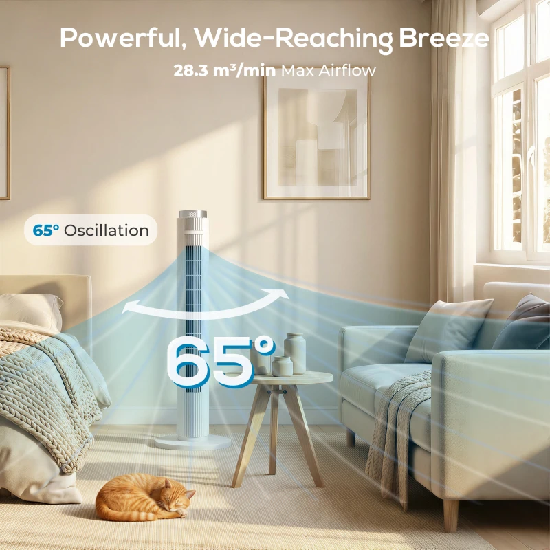 HOMCOM 96 cm Tower Fan with WiFi App Control, Standing Floor Fan with 3 Speed 4 Modes, 12 Hour Timer and Night Light White