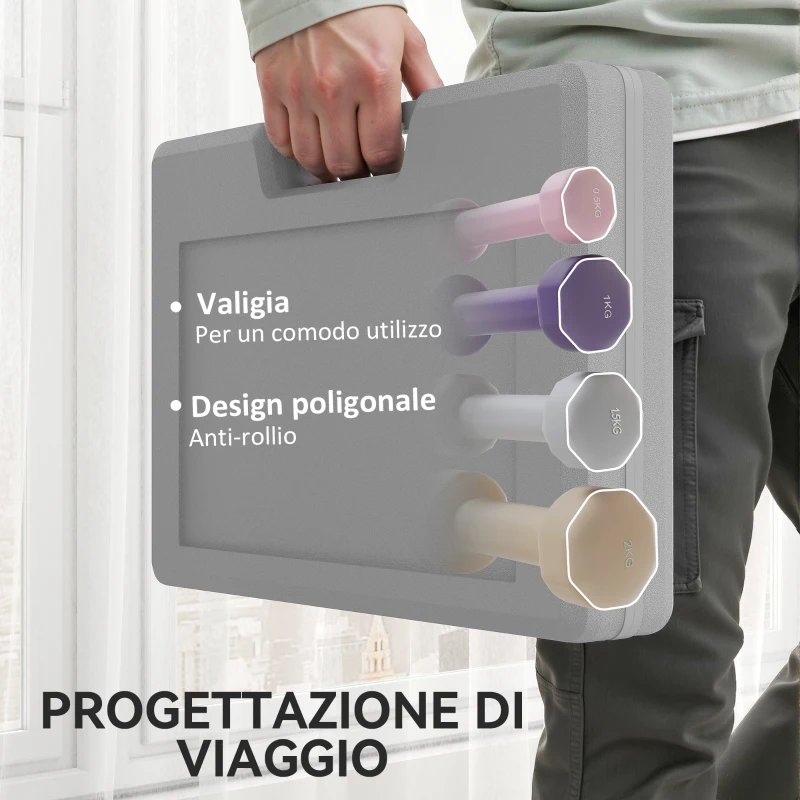 HOMCOM Set Manubri 10 kg con Valigetta Porta Pesi, in Metallo, PU e Plastica, 41x30x8 cm, Multicolore