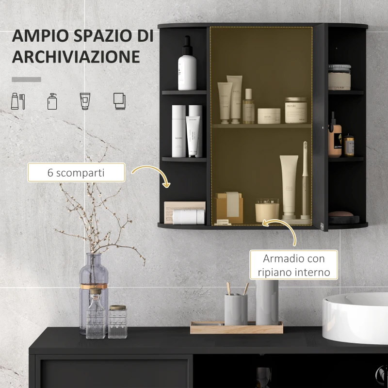 HOMCOM Specchiera Bagno con 6 Ripiani Aperti e 2 Chiusi, in Legno e Vetro, 66x17x63 cm, Nero