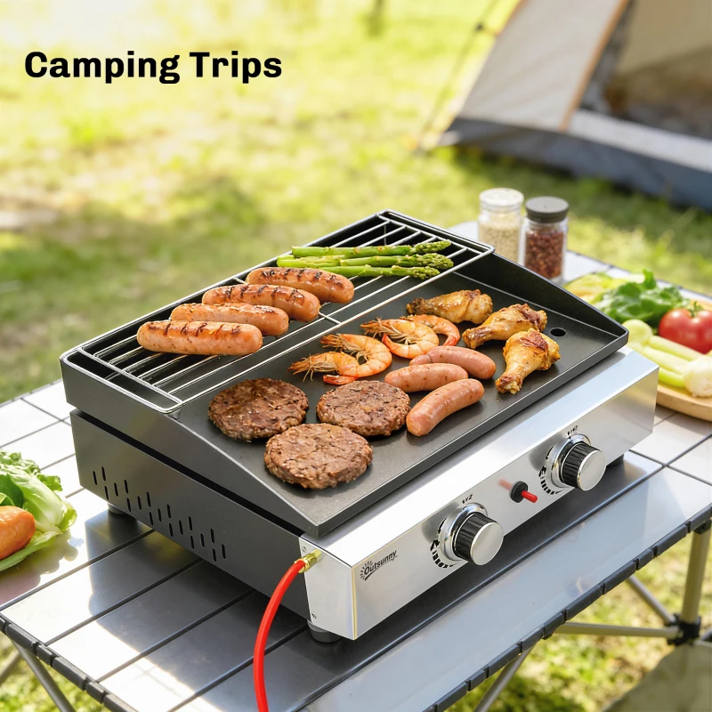 Outsunny 2 Burner Grill Griddle, Portable Gas Plancha with Warming Rack, 5 kW, Tabletop Gas BBQ with Grease Cup, Black