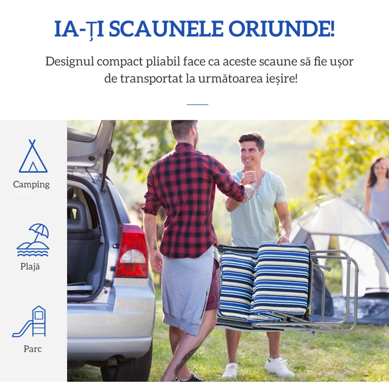 Outsunny Set de 2 Șezlonguri de Grădină Pliabile, Șezlonguri cu Spătar Reglabil pe 5 Nivele, Perne, Cotiere, din Oțel și Poliester, pentru Exterior, Terasă, Albastru și Crem