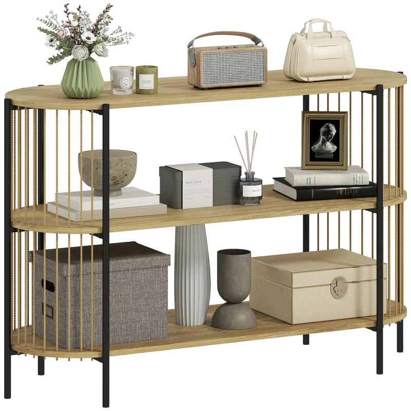 HOMCOM Tavolo Consolle con Corda di Carta Intrecciata a Mano Struttura in Acciaio Stile Bohemio 124x43,5x80 cm Naturale