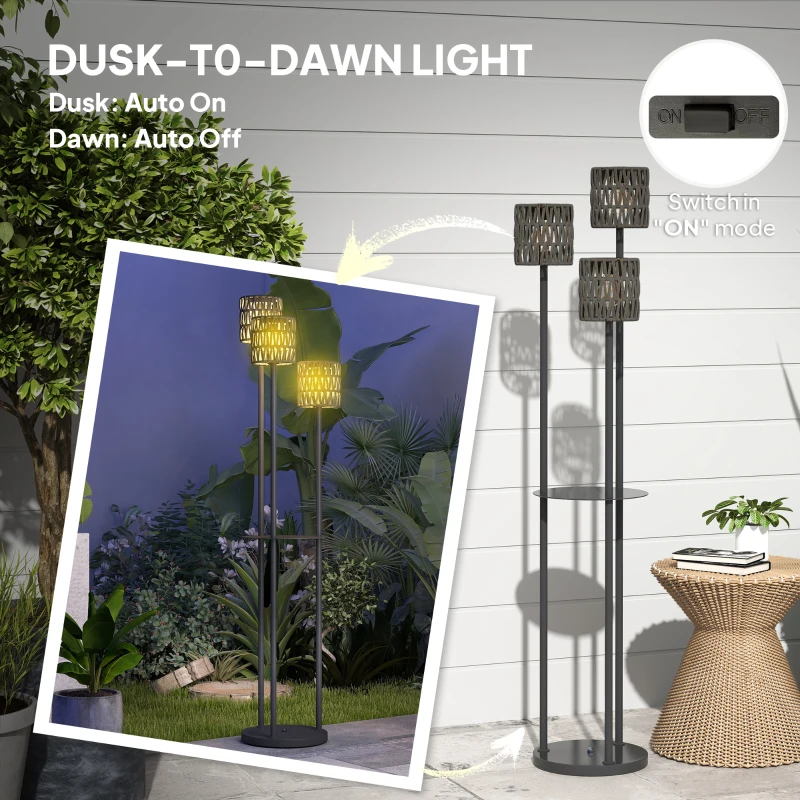 Outsunny Boho Rattan Floor Lamp, 3-Lights Rattan Lamp with Shelf, Freestanding Solar Garden Light with Auto On/Off Lights, Grey