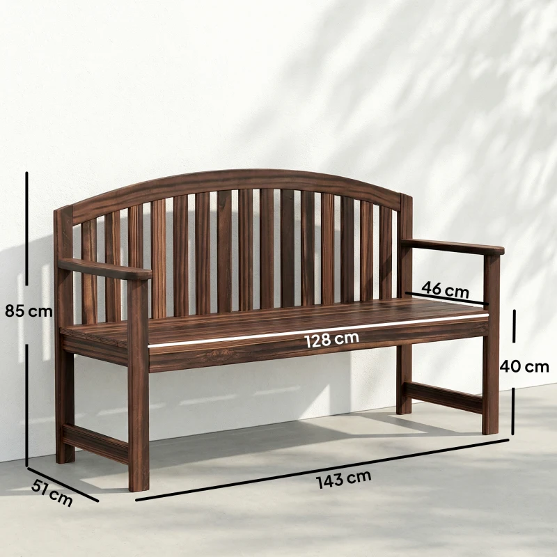 Outsunny 2 Seater Wooden Garden Bench with Armrest, Outdoor Furniture Chair for Park, Balcony, Carbonised Finish