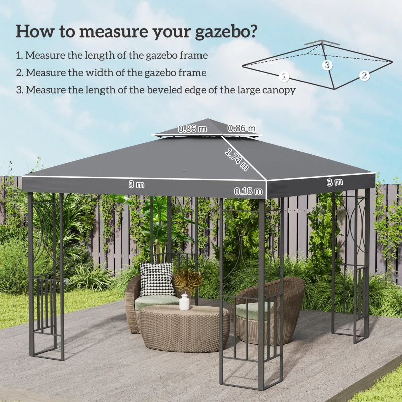 Outsunny 3(m) Gazebo Top Cover Double Tier Canopy Replacement Pavilion Roof Deep Grey