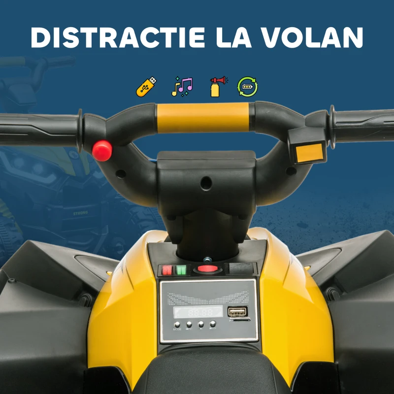 HOMCOM  ATV 12V pentru copii cu cauciucuri late, masina, faruri LED, claxon, muzica, pentru 3-5 ani, galben(m-6)