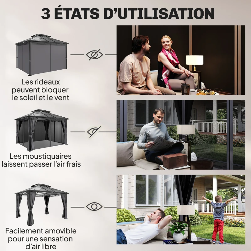 Outsunny Tonnelle de Jardin Pavillon Toit Rigide en Polycarbonate Deux Niveaux Imperméable UV50+ 356x296x285cm Gris Foncé
