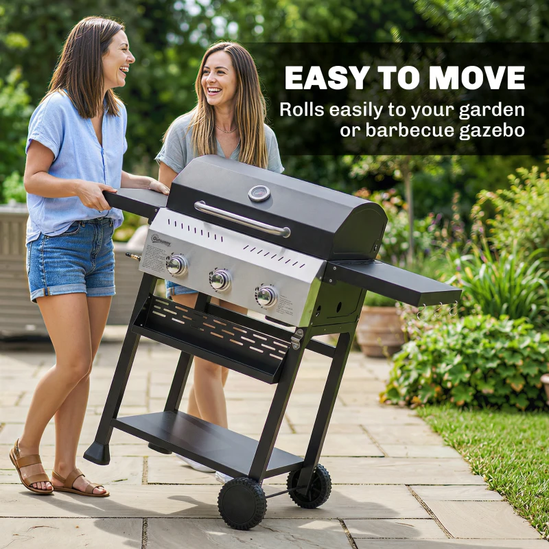 Outsunny Gasbarbecue 9 kW 3 Branders BBQ Grillwagen Roestvrij Staal incl. Uitklapbare Zijtafels Kruidenrek Onderrek 6 Haken