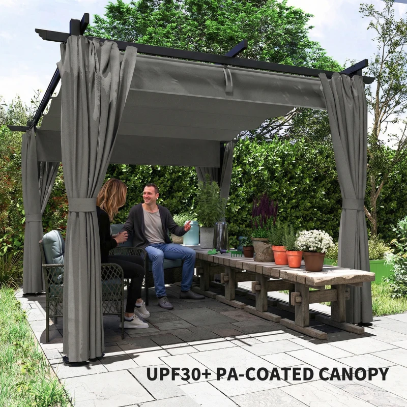 Outsunny 3 x 3 m Retractable Roof Pergola, with Curtains - Light Grey