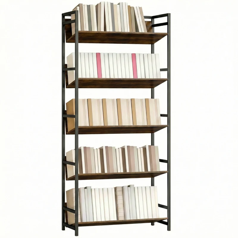 HOMCOM Bookshelf 5-Tier Metal Frame Room Divider Bookcase Storage Shelves for Living Room Rustic Brown