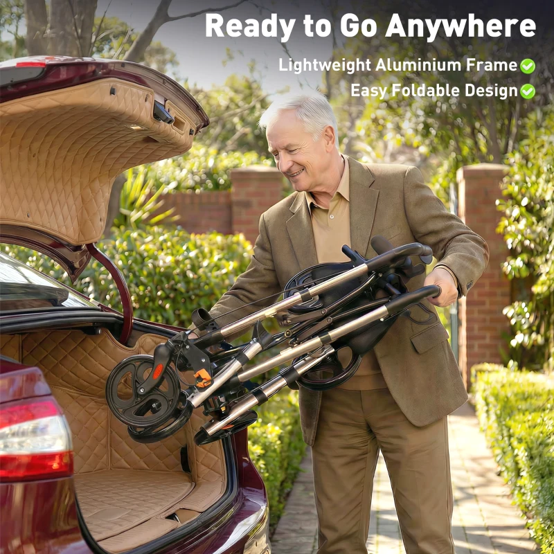 HOMCOM Rollator Walker with Seat, Compact Quick Folding Mobility Walker with 8" Wheels, Carry Bag, Adjustable Height, Cane Holder and Lightweight Aluminium Frame for Seniors and Disabled, Gold Tone