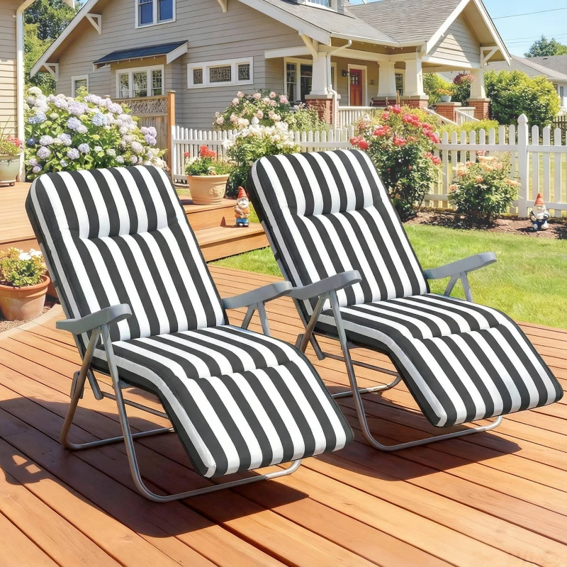 Outsunny Set of 2 Foldable Patio Sun Lounger with Adjustable Backrest and Cushion, Grey and White