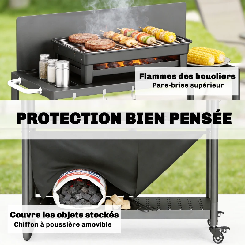 Outsunny Chariot de Barbecue Desserte de Jardin Mobile avec Pare-vent 3 Niveaux Rideau Oxford 100x46x110cm Noir